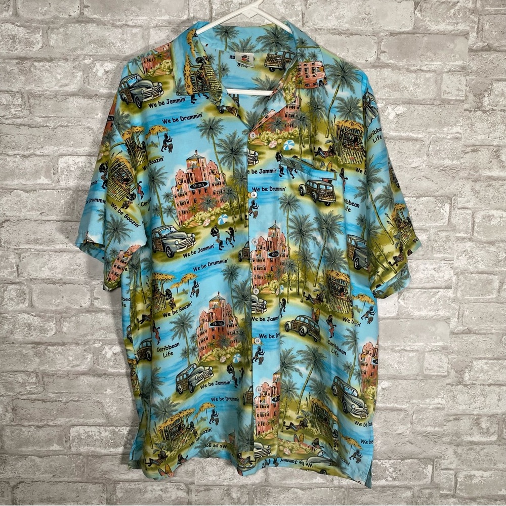 Rima Tropical Print Short-Sleeve shirt Blue we be Jammin we be drummin size XL